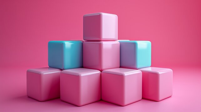 Structure pyramidale de cubes pastel sur fond rose : Minimalisme &eacute;l&eacute;gant