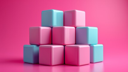 Obraz premium Structure pyramidale de cubes pastel sur fond rose : Minimalisme élégant