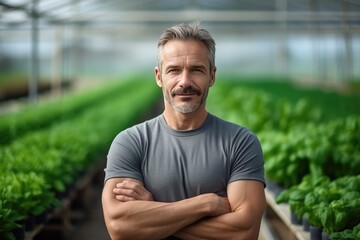 Naklejka na ściany i meble Potrait of a vegetable grower working in a large industrial greenhouse growing vegetables and herbs. Farmer