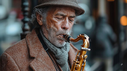 Soulful Jazz Musician Playing Saxophone on City Street by Generative A.I.