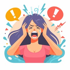 woman screaming with hands on her head, girl crying and screaming, flat vector illustration
