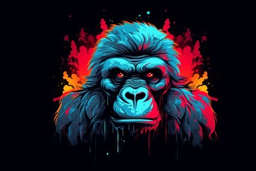 Multicolored gorilla head with fiery red eyes vector illustration for t-shirt design