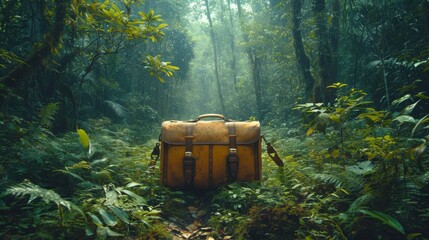 Forêt luxuriante avec sac à dos orange : Atmosphère mystique en pleine nature - obrazy, fototapety, plakaty
