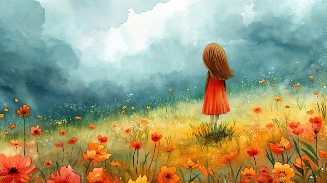 grungy noise texture art, a girl on flower field , whimsical fantasy fairytale contemporary creative illustration, Generative Ai