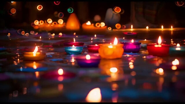 Beautiful multicolor diyas at night, diwali celebration concept, seamless looping, burning candles, Diwali, Realistic diwali lamps on a reflective base, Diya oil lamp and flowers, Generative Ai