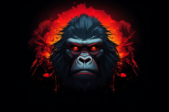 Multicolored gorilla head with fiery red eyes vector illustration for t-shirt design