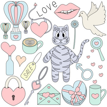 Valentine's day. Set of color vector illustrations. Cartoon style. Love collection. Heart, magnifying glass, dove, message, tiger cub, lips. A group of cute images. Isolated background. 