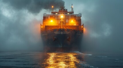 Cargo éclairé dans la brume : Navigation paisible par faible visibilité - obrazy, fototapety, plakaty