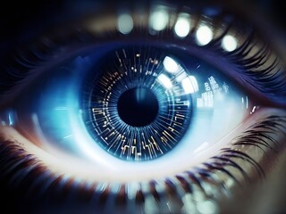 Eye of the person with embedded binary code in eyeball
