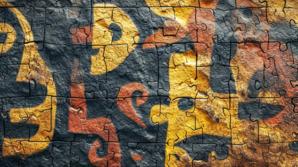 Assembled jigsaw puzzle showcasing a textured tribal cave painting design.