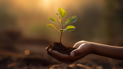 A kid’s hand planting a tree or sapling with soil with warm sunny lighting and side view. Save the tree concept. Earth day and sustainability. 