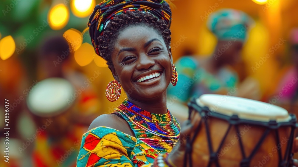 Wall mural a woman in colorful clothing holding a drum and smiling, ai