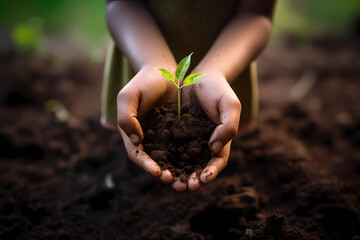 A kid’s hand holding a small plant tree or sapling with soil with warm sunny lighting and front view. Save the tree concept. Earth day and sustainability. 