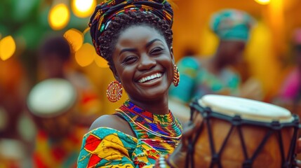 A woman in colorful clothing holding a drum and smiling, AI