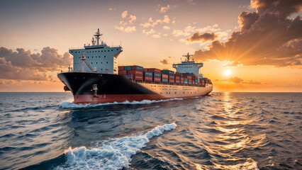 Seascape with container ship on sunset background. AI