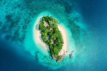 A small green island surrounded by perfect turquoise water in sunlight