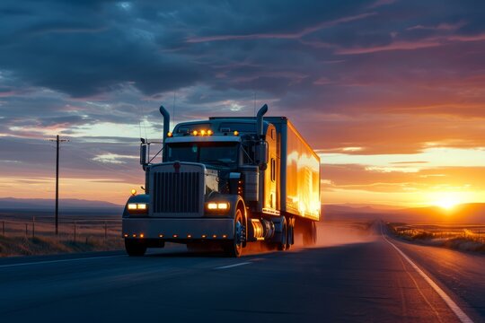 Sunset Power: Big Rig Truck on High-Speed Road Wallpaper and Design, Generative AI
