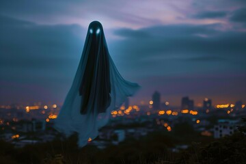 Halloween chills flying ghost sheet with city lights in background