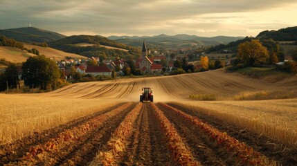 Moissonneuse-batteuse rouge dans un champ de blé doré : Paysage rural productif - obrazy, fototapety, plakaty