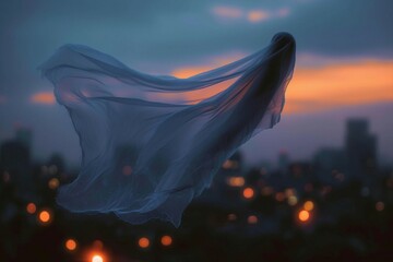 Spine tingling sight ghostly sheet drifts amidst city lights at dusk