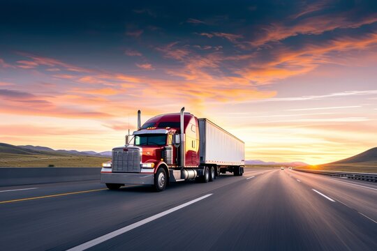 Sunset Journey: Big Rig Truck on Long Road Wallpaper and Design, Generative AI