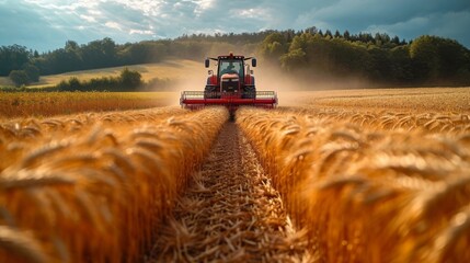 Moissonneuse-batteuse rouge dans un champ de blé doré : Paysage rural productif - obrazy, fototapety, plakaty