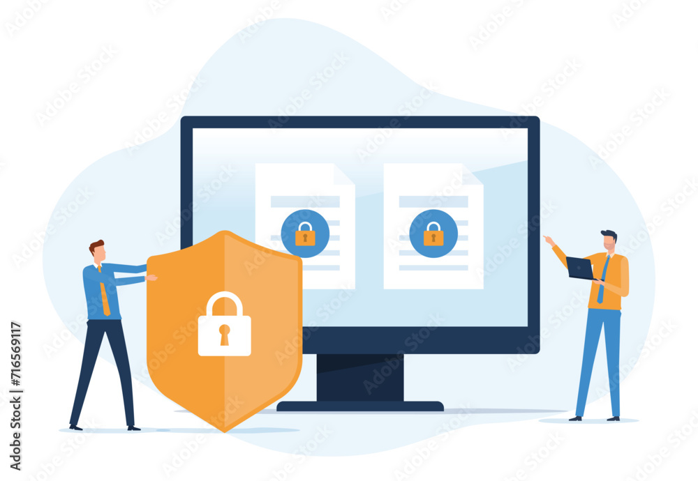 Poster flat vector Business cyber, security technology with team administrator and developer working design concept