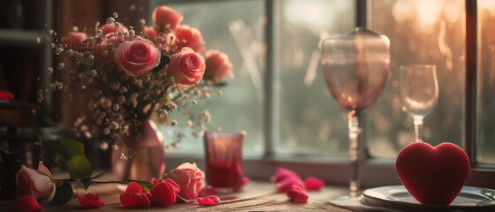 Fototapeta na wymiar Ein romantisches Bild mit Rosen und Herzen am Fenster auf einem Tisch am Valentinstag zeigt Liebe