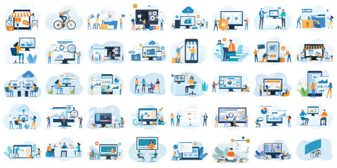 set business flat  vector illustration design style concept. for graphic and web page banners. cartoon character design. team online video conference meeting. business planning. data analytics 
 - obrazy, fototapety, plakaty