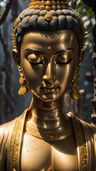 Golden Buddha Statue in a Peaceful Thai Temple, Radiating Spiritual Serenity with its Ancient Bronze Sculpture and Zen-like Presence