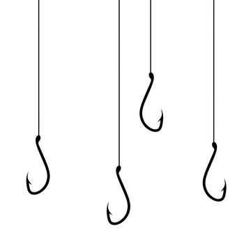 Hanging fishing hook vector illustration on white background. Concept of sea fish trap with bait.