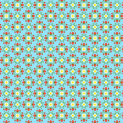 Bright summer botanical pattern of small red strawberries, white flowers and green leaves on a blue background