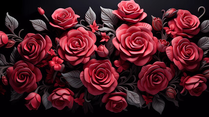 A bunch of pink roses are arranged together in a pattern on a wall of red flowers