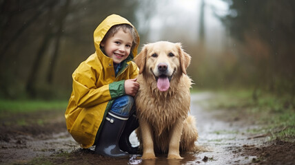 boy with dog playing in rain on puddle