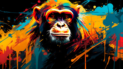 Colorful illustration of a monkey. Abstract background and ornaments.