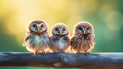 Obraz premium three small owlets on tree
