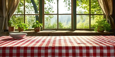 Empty tablecloth draped over table background setting of kitchen or picnic cloth atop backdrop of wooden design fabric ready for display of food space on tabletop for restaurant setting in summer - Powered by Adobe