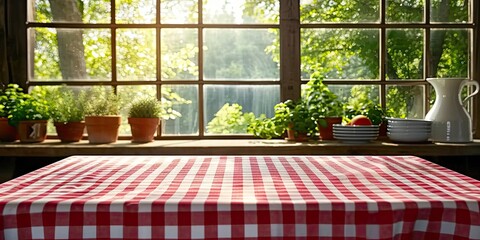 Empty tablecloth draped over table background setting of kitchen or picnic cloth atop backdrop of wooden design fabric ready for display of food space on tabletop for restaurant setting in summer