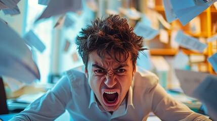 An angry employee in the office. generated Ai - obrazy, fototapety, plakaty