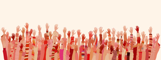 Many raised hands and arms of multicultural women. International Women’s day. Equality Allyship. Female social community of diverse culture. Empowerment or inclusion.Banner copy space