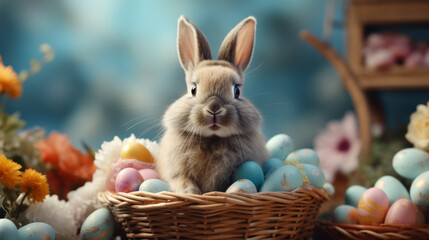 Cute easter bunny rabbit in shopping basket with painted eggs on a blue background.