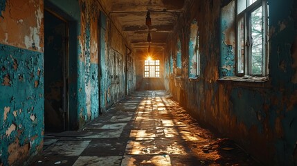 a long abandoned corridor with peeling blue and yellow walls and a checkerboard floor, creating an atmosphere of mystery and forgotten history.