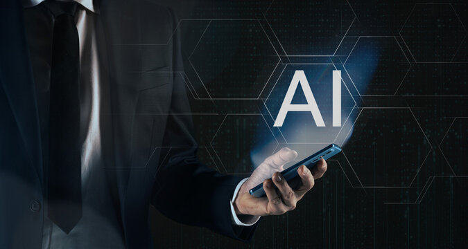 Businessman uses a smartphone with AI application. Man uses Artificial Intelligence on mobile phone.
