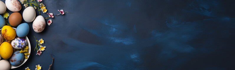 Fototapeta na wymiar Osterbanner mit bemalten Eiern auf dunkelblauem Hintergrund. Draufsicht, flach gelegt mit Kopierraum