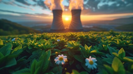 Photo of two cooling towers erupting out of green hills with large steam emission on summer day sunny background