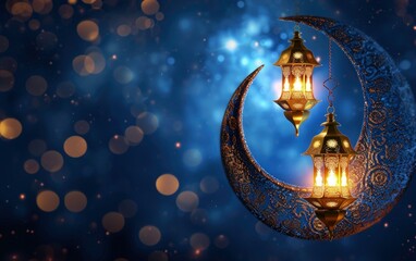 crescent blue moons with lamp realistic eid mubarak, muslim islamic lanterns hanging. bokeh and blureed ramadan background with copy space