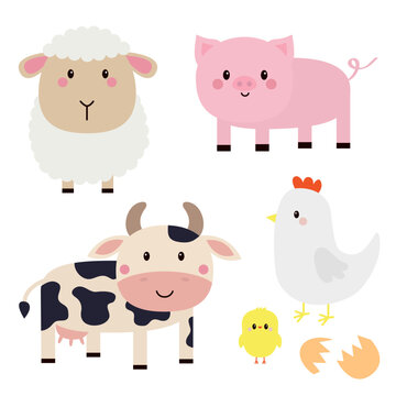 Farm animal set. Cow, sheep, pig, hen chicken, egg icon. Cute round face head. Cartoon kawaii funny baby character. Nursery decoration. Kids education. Flat design. White background. Isolated.