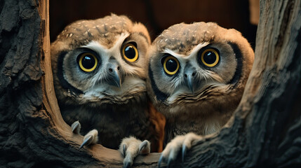 Two great horned owls on a tree branch created with Generative AI technology - obrazy, fototapety, plakaty