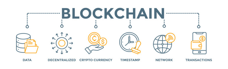 Blockchain banner web icon vector illustration concept with icon of data, decentralized, crypto currency, timestamp, network and transactions