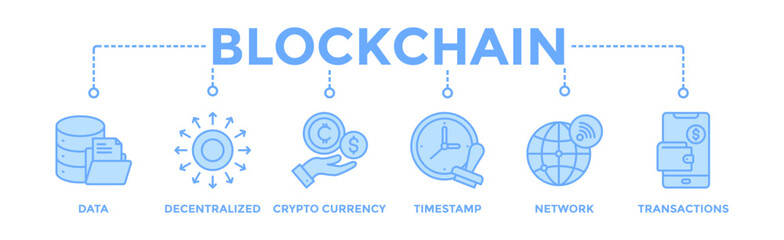 Blockchain banner web icon vector illustration concept with icon of data, decentralized, crypto currency, timestamp, network and transactions